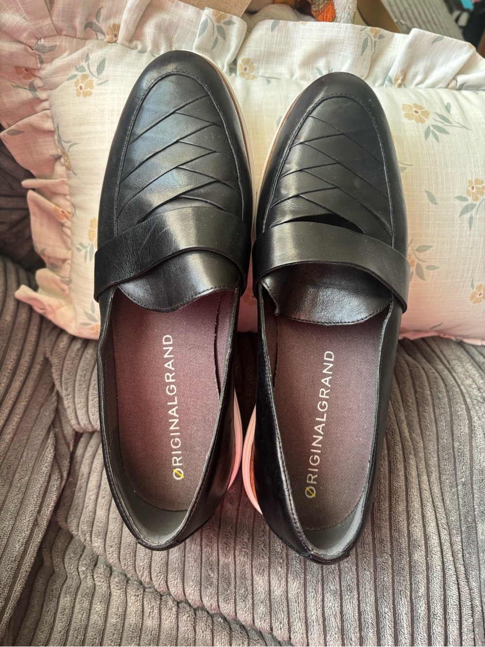 AND Black Leather Slip-On Loafers with Woven Stitch Detail